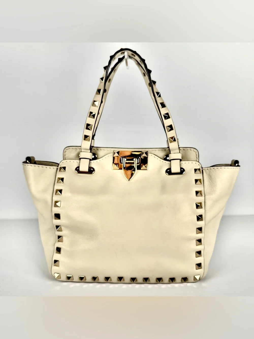 Valentino Garavani Compact Ivory Rockstud Tote Leather 2-Way Crossbody Full Set